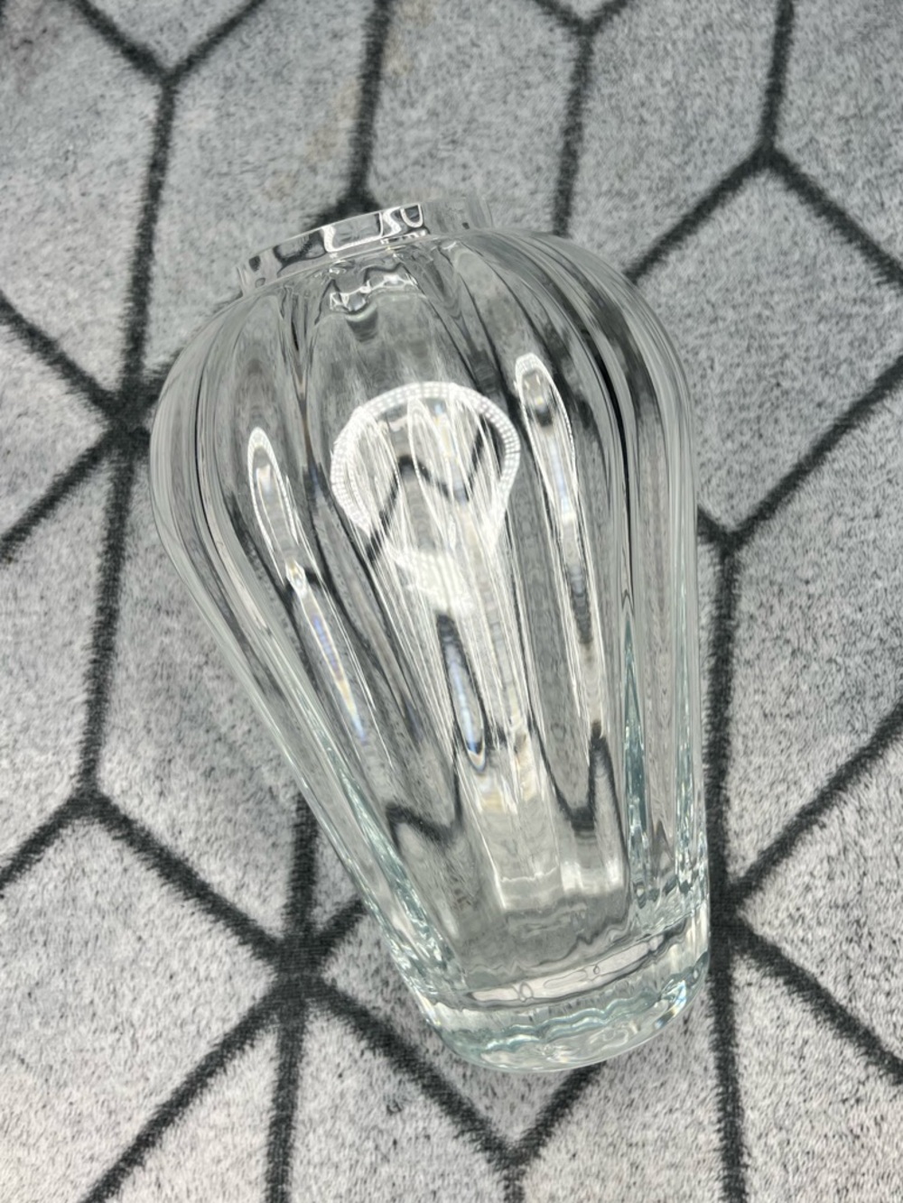 Heavy Clear Art Glass Ribbed Vase Modern Sculpted Bulb Shape 8" Tall